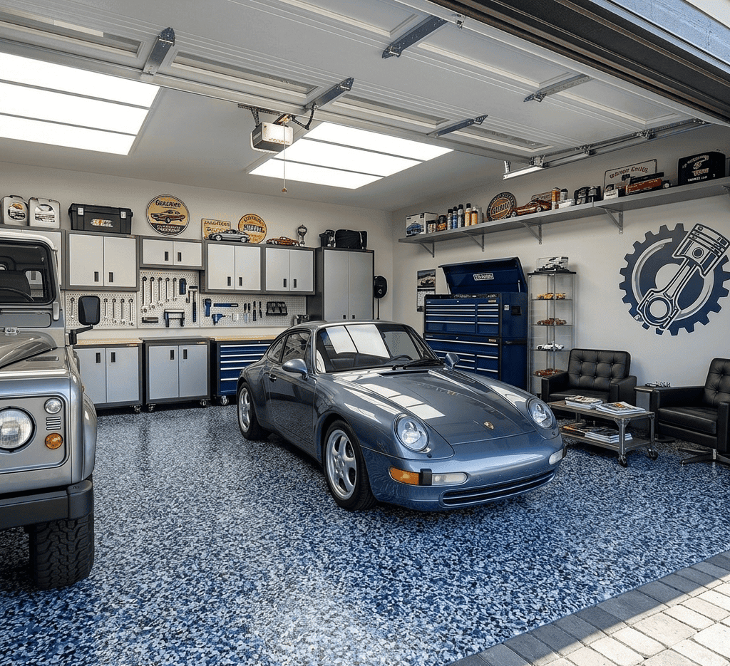 Garage floor with epoxy coating and a classic car.
