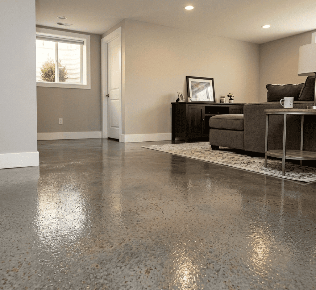 Elegant concrete floor with slateblue mink finish.