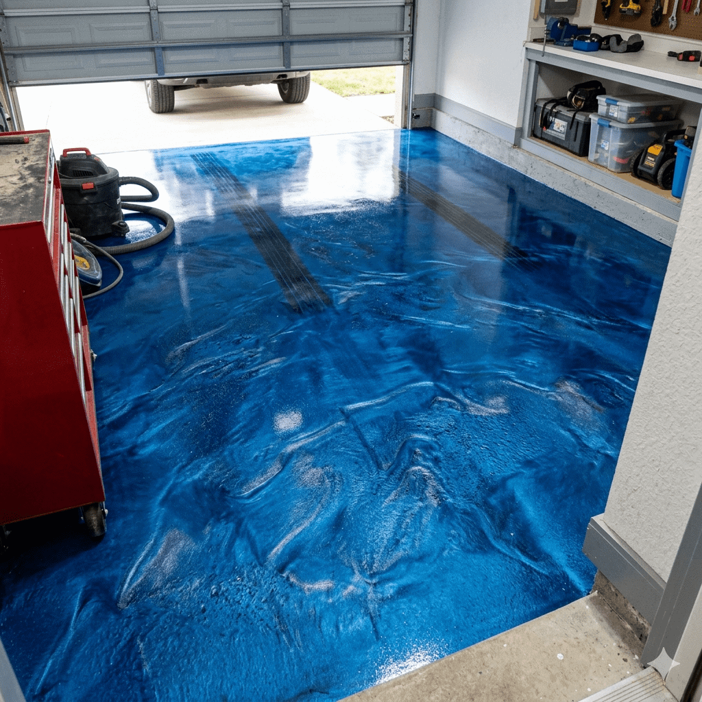 Blue metallic epoxy floor coating in a garage setting.