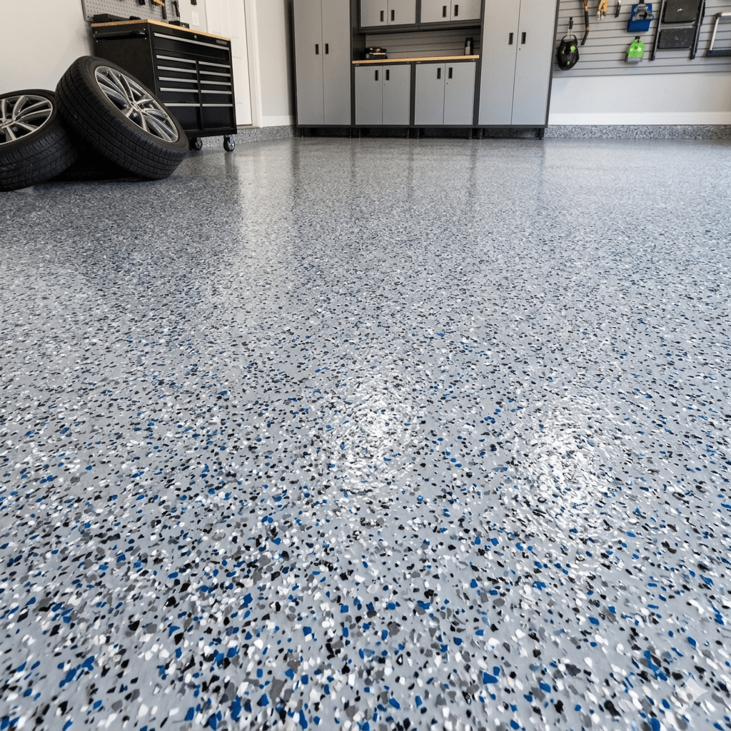 Epoxy garage floor with polyurea coating in a workshop setting.